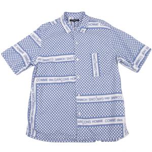コムデギャルソンオムCOMME des GARCONS HOMME ロゴチェッカープリントオープンカラーシャツ 青白L 【メンズ】｜playful-1shop