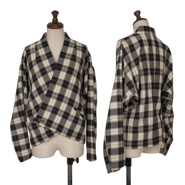 プランテーションPlantation ウールチェック変形ラップジャケット  黒生成りM 【レディース...