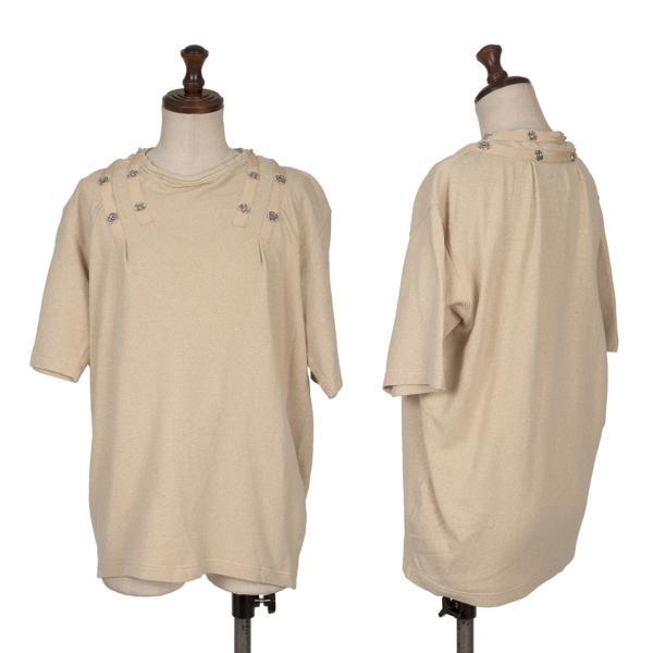 メルシーボークーmercibeaucoup スナップボタンデザインラメ半袖Tシャツ ベージュゴールド...