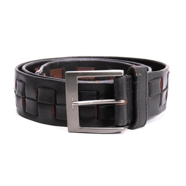 イッセイミヤケ メンISSEY MIYAKE MEN レザースクエア編み込みデザインベルト 黒茶 【...