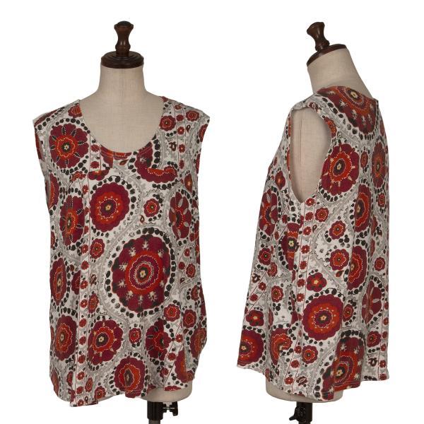 プランテーションPlantation フローラルプリントラウンドヘムノースリーブ 白赤他M 【レディ...