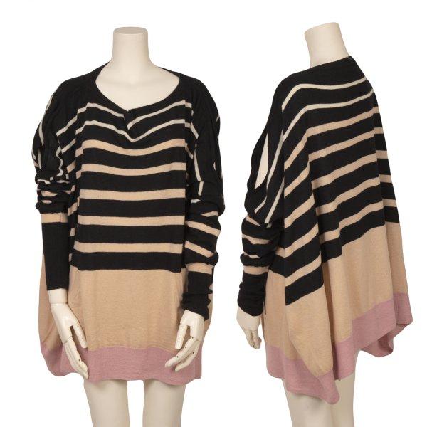 ツモリチサトTSUMORI CHISATO オープンショルダーボーダードルマンニット 黒ベージュ2 ...