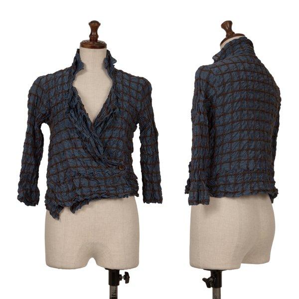 イッセイミヤケ ハートISSEY MIYAKE HaaT シルク混格子刺繍ショートジャケット 紺茶3...