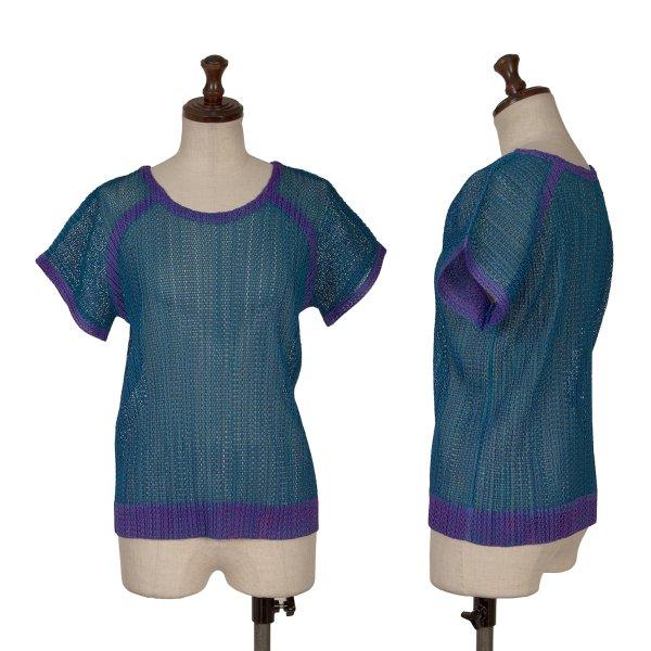 プリーツプリーズPLEATS PLEASE メッシュバイカラー半袖カットソー 紫青M位 【レディース...