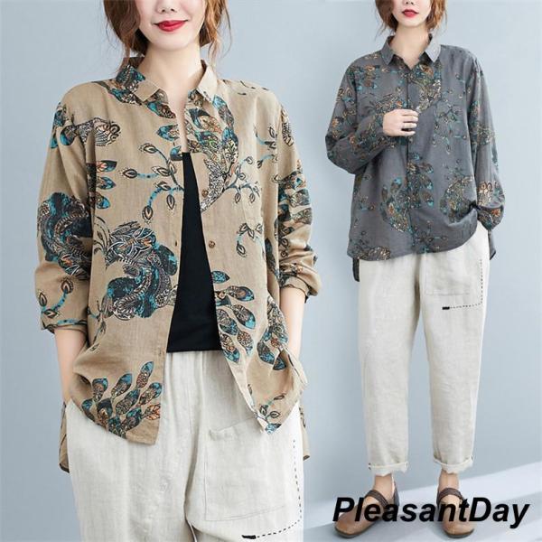 シャツ トップス ロングシャツ ブラウス レディース  折り襟 綿麻 長袖 花柄 体型カバー ゆった...