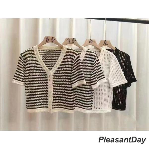 シアーカーディガン レディース 3分袖 縞 透かし編み Vネック メッシュ 重ね着 透け感 ショート...