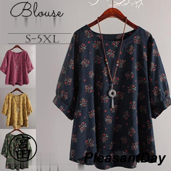 ブラウス シャツ レディース トップス 春夏 半袖 花柄 Uネック リネン ゆったり 体型カバー 大...