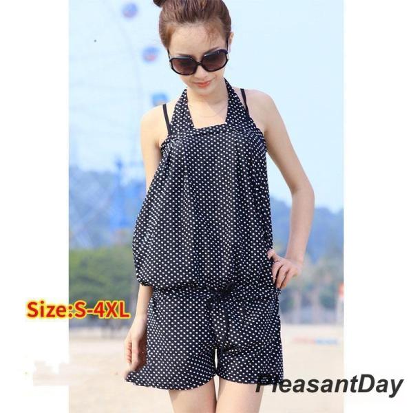 水着3点セットレディース体型カバービキニサロペットママ水着大きいサイズドット柄海水浴温泉20代30代...