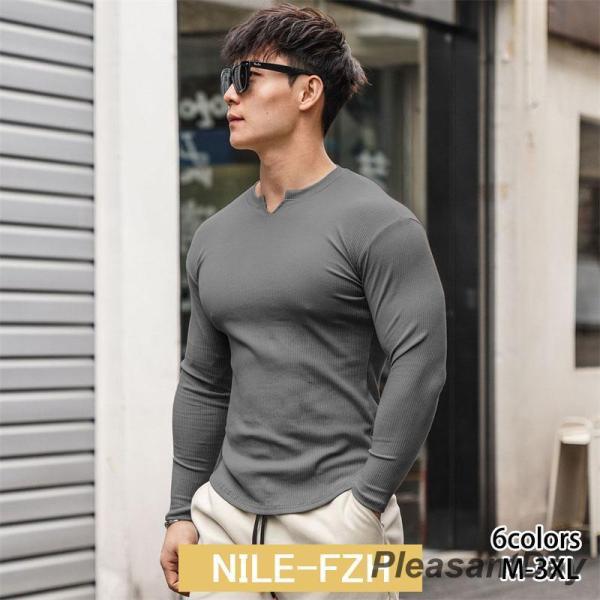 がっちり マッチョ マッチョtシャツ 筋肉質 ファッション 長袖 tシャツ メンズ vネック 大きい...