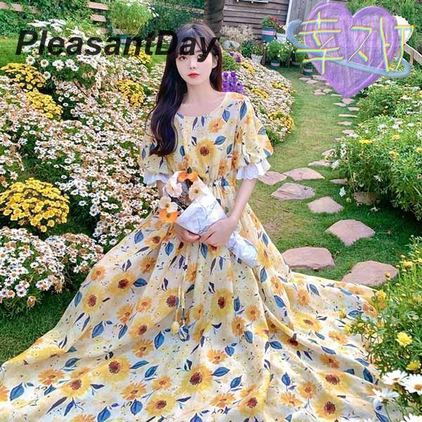 ワンピース 大きいサイズ パフスリーブ 花柄 半袖 大人かわいい ぽっちゃり 夏ワンピ 着やせ Aラ...