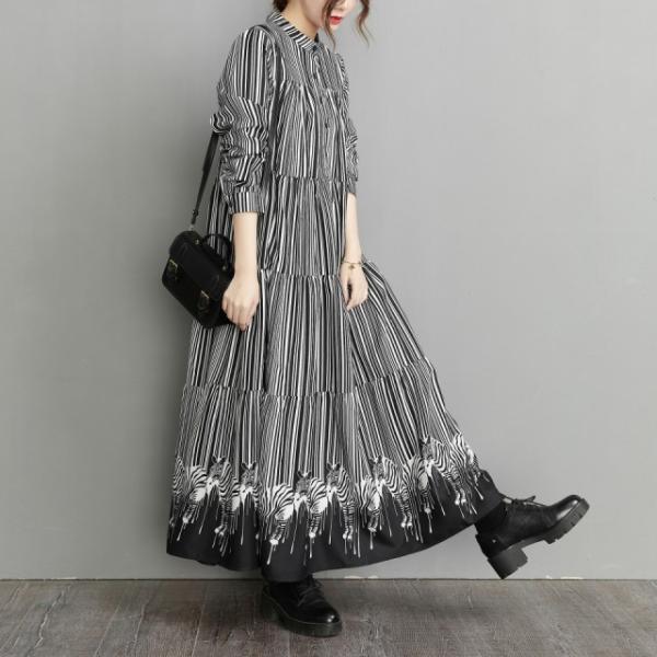 ワンピース ロング 長袖 レディース モード系 個性的 ミドル丈 Aライン 大人女子 薄手 ゆったり...