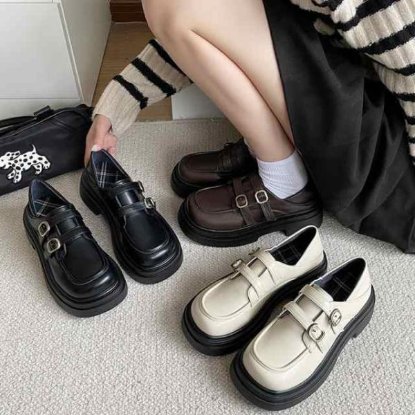 ローファー レディース 厚底 バックルベルト 革靴 個性的 プラットフォーム シューズ 黒 学生 ラ...