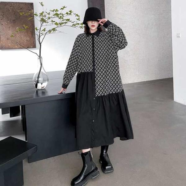 ワンピース ロング シャツ ワンピ レディース 長袖 モード系 不規則 花柄 モザイク ミドル丈 レ...