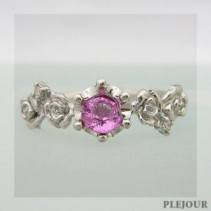 ピンクサファイアリングK18WG薔薇王冠モチーフ ダイヤモンド付指輪