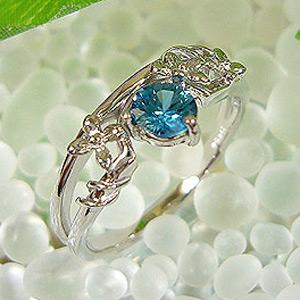 天然ブルージルコン リングK18WGフラワーモチーフ ダイヤモンド付指輪｜plejour