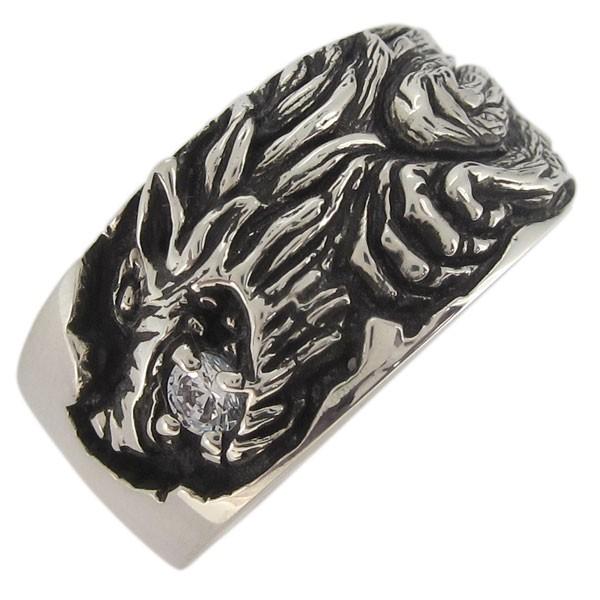 シルバーリング ウルフ 狼 ダイヤモンド 4月誕生石 メンズ 指輪 シルバー