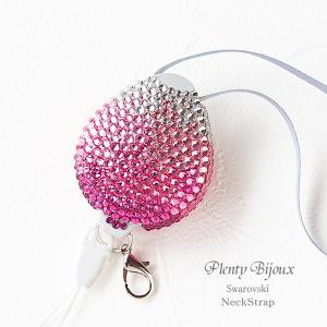 ネックストラップ リール式長さ調節 スワロフスキー デコ ダブルハート