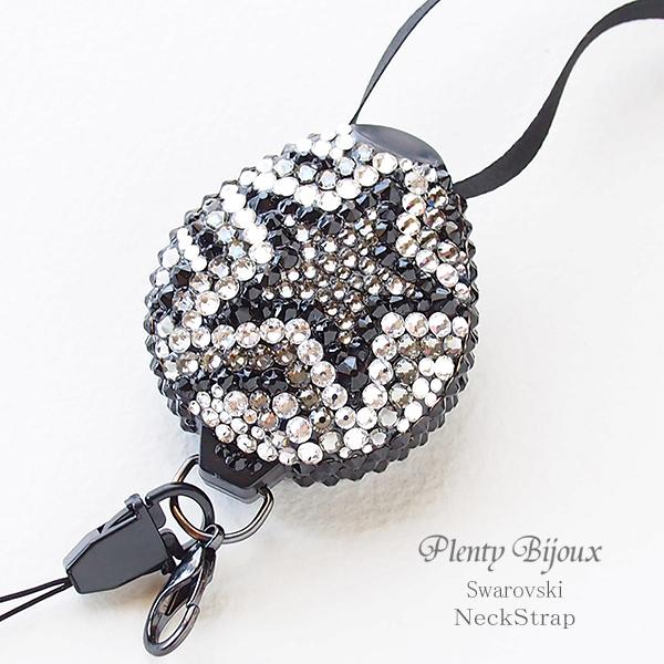 ネックストラップ スワロフスキ  デコ 星 スタープッチ風 ブラック 長さ調節 リール式 IDカード...