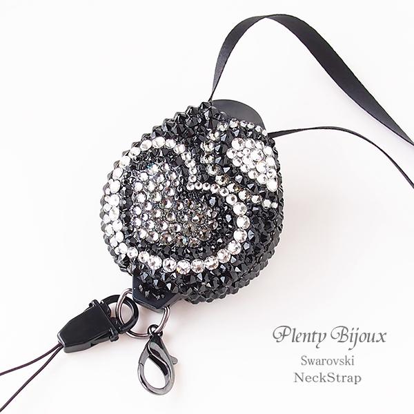 ネックストラップ デコ （リール式）ダブルハート プッチ風　ブラック　黒 スワロフスキー
