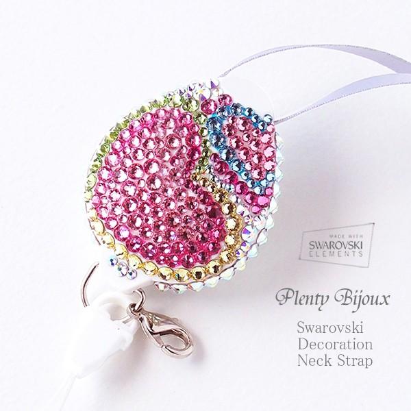 ネックストラップ リール式長さ調節 スワロフスキー デコ ダブルハート プッチ風 マルチカラー ID...