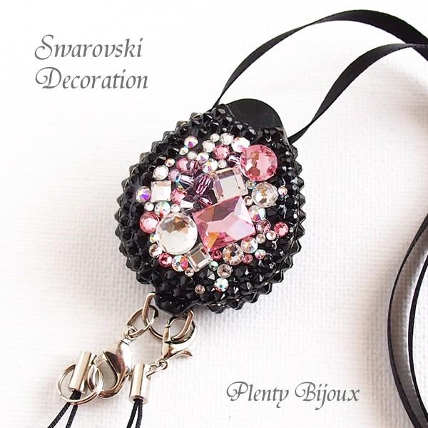 ネックストラップ スワロフスキーデコ グラマラスジュエリー ブラック リール式 長さ調節 IDカード...