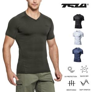 テスラ 半袖 コンプレッションウェア メンズ スポーツインナー UVカット 吸汗速乾 V/Uネック　コンプレッションシャツ ランニング スポーツ TSLA MUB03/MUV03