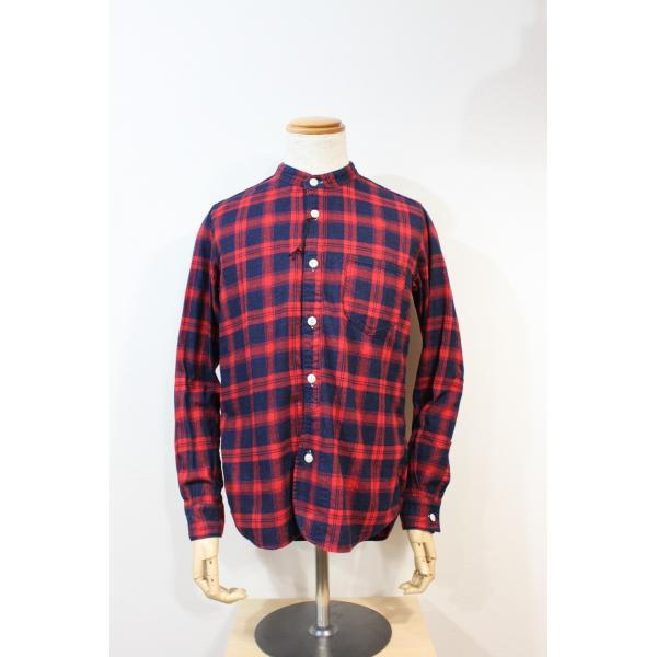バーンズ　barns outfitters インディゴチェック　ノーカラーシャツ