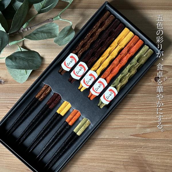 箸 お箸 5膳 セット 5客 5本 おしゃれ 五色 彩り 木製 無垢 天然木 カトラリー 24.5c...