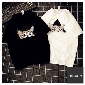 猫 猫柄 Ｔシャツ ひょっこりねこ ねこ柄 大きいサイズ 小さいサイズ ティーシャツ テーシャツ トップス かわいい おしゃれ シュール コットン100%｜plusandplus