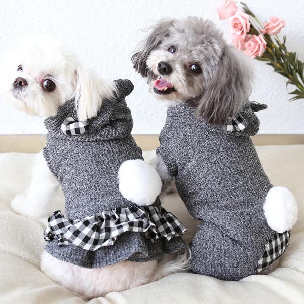 ドッグウェア 可愛いドッグウェア 犬服 ギンガムチェック グレーニット つなぎ