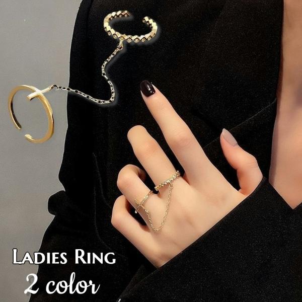 指輪 ダブルチェーンリング レディース 女性用 オープンリング ラインストーン ひし形 ウェーブ ギ...