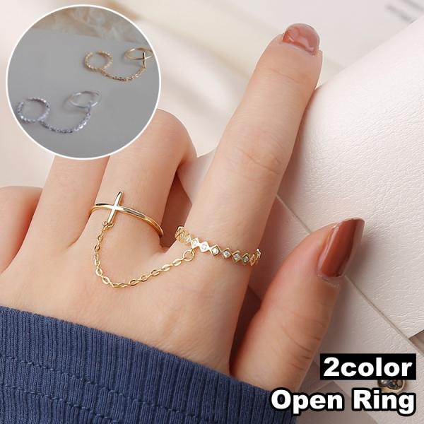 オープンリング チェーン ダブルリング 指輪 レディース 女性 アクセサリー ラインストーン ひし形...