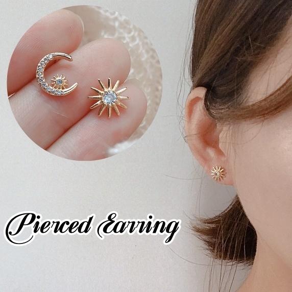 ピアス スタッドピアス アシンメトリー レディース 女性 アクセサリー 太陽 月 ラインストーン キ...