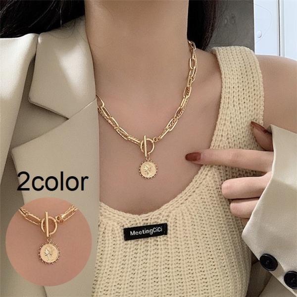 ネックレス ペンダント レディース 女性用 アクセサリー コイン 肖像 ラウンド 丸 ワイドチェーン...