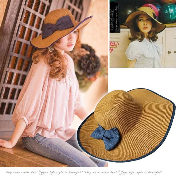 麦わら帽子 リボン付き帽子 リボン付きハット カンカン帽 つば広 つば広ハット つば広帽 女優帽 折...