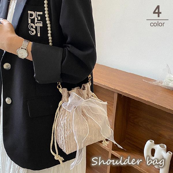 ショルダーバッグ ポシェット レディース 女性 鞄 カバン 巾着バッグ フェイクパール リボン シワ...