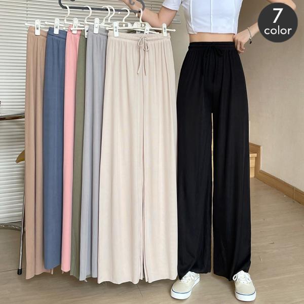 ロングパンツ レディース セミワイド イージーパンツ ボトムス 長ズボン ウエストゴム 無地 単色 ...
