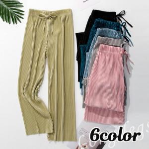 ロングパンツ プリーツワイドパンツ シフォン調 レディース 婦人服 ボトムス 長ズボン 前紐付き ハイウエスト ウエストゴム 切りっぱなし カットオフ