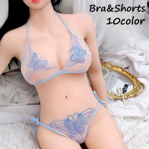 ブラジャー ショーツ 上下セット レディース インナー セクシーランジェリー 下着 三角ブラ Tバック 紐パン 蝶 レース シースルー 透け感 かわい