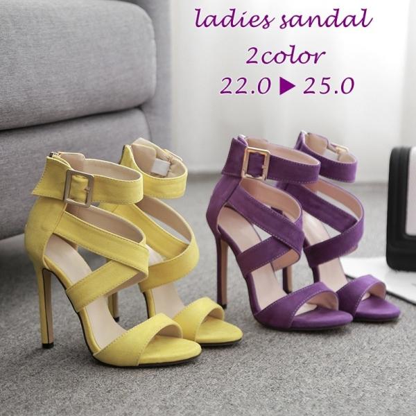 サンダル レディース アンクルストラップ 10cm スティレット ピンヒール オープントゥ スエード...