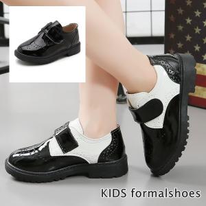フォーマルシューズ 子供靴 子ども キッズ 男の子 女の子 プレーントゥ エナメル風 面ファスナー パンチング ブラック 黒 シンプル 発表会 結婚式