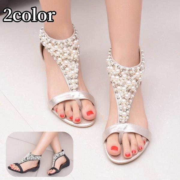 ストラップサンダル ローヒール レディース 女性 靴 フェイクパール ビジュー バッグファスナー ト...
