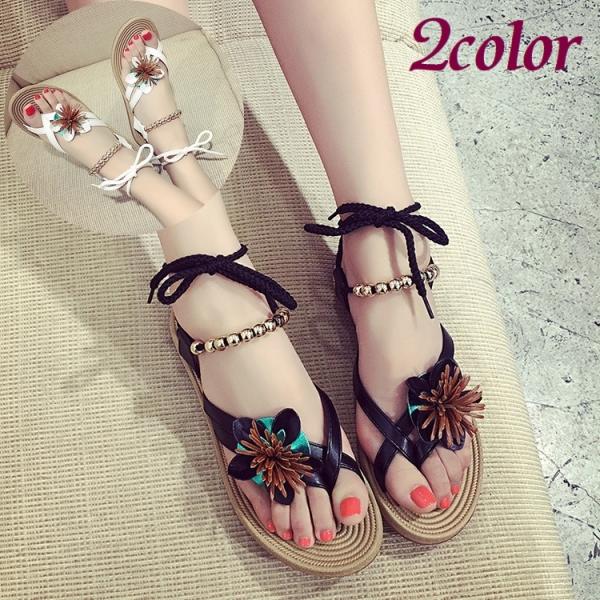 ストラップサンダル レディース ローヒール 女性 ぺたんこ アンクルストラップ レースアップ 紐 フ...