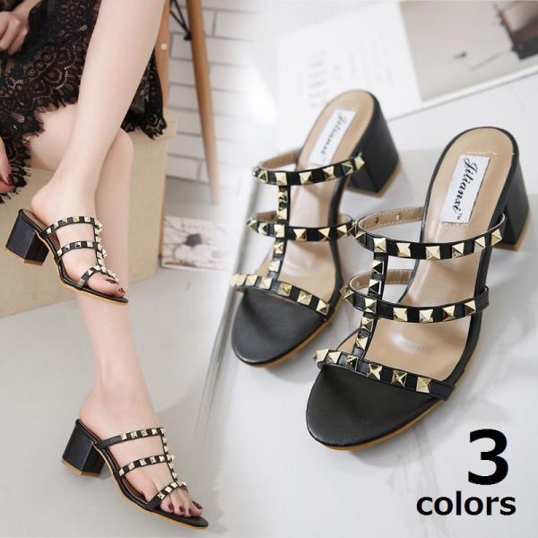 スタッズ付サンダル チャンキーヒール ストラップサンダル レディース サンダル 靴 シューズ スタッ...