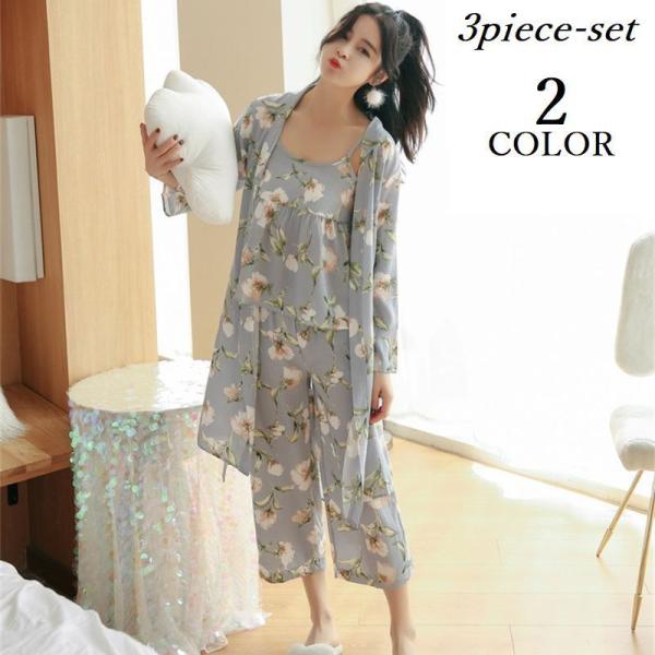 ルームウェア 部屋着 パジャマ 上下 3点セット レディース 花柄 薄手 長袖 ナイトガウン キャミ...