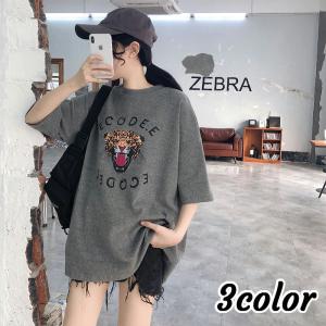 チュニック 半袖Tシャツ カットソー ビッグシルエット レディース 婦人服 ラウンドネック クルーネック ヒョウ フェイス アニマル ロゴ プリント｜plusnao