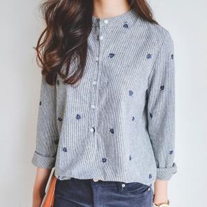 ノーカラーシャツ ストライプシャツ ブラウス 刺繍 長袖 レディース プルオーバートップス 秋冬 きれいめ ストライプ柄 大人女子 カジュアル