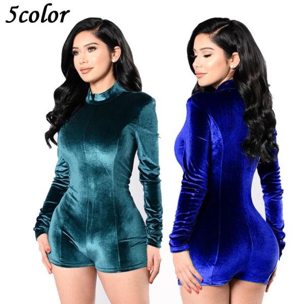 オールインワン ロンパース プレイスーツ レディース 長袖 ショートパンツ 短パン ハイネック 光沢...