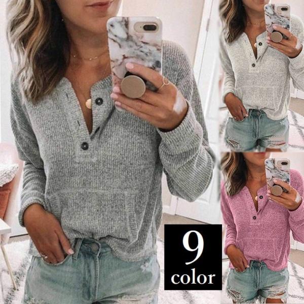 カットソー レディース トップス 長袖 リブ Tシャツ ボタン Vネック ポケット 無地 シンプル ...