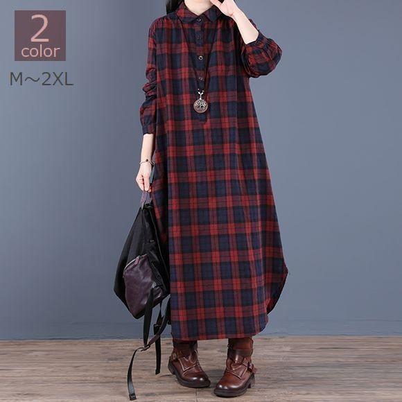 シャツワンピース レディース 女性用 長袖 ロング丈 チェック柄 襟付き ハーフボタン 大きいサイズ...